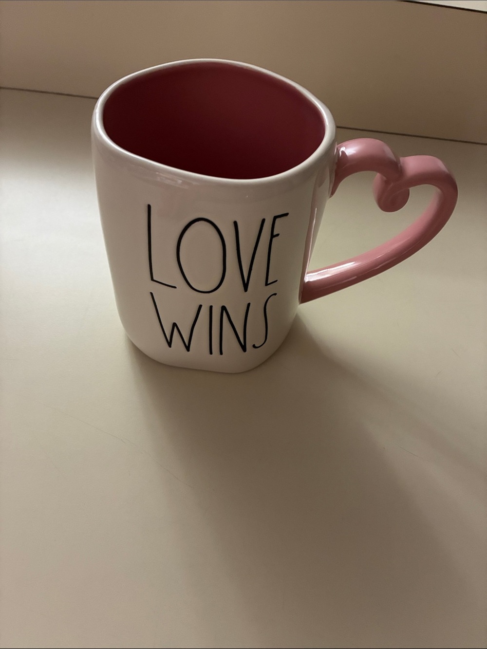 Rae Dunn Love Wins Pink Handle Ceramic Coffee Mug